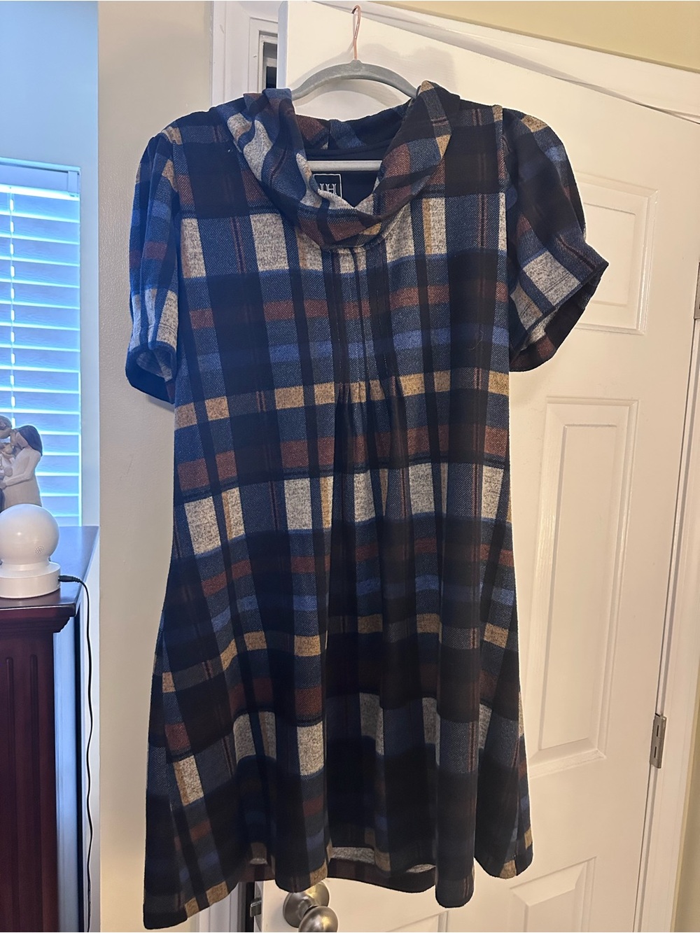 Plaid Short-Sleeve A-Line Dress with Cowl Neck in Navy and Brown